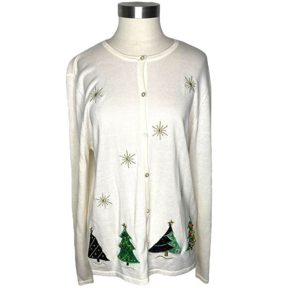 Croft & Barrow Christmas Tree Cardigan Women's Size Large Ivory Cream - Picture 1 of 10